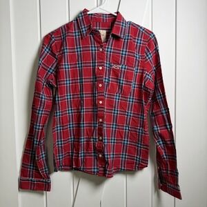 Hollister Women's Plaid Shirt Red Long Sleeve Button Up Size Medium 100% Cotton